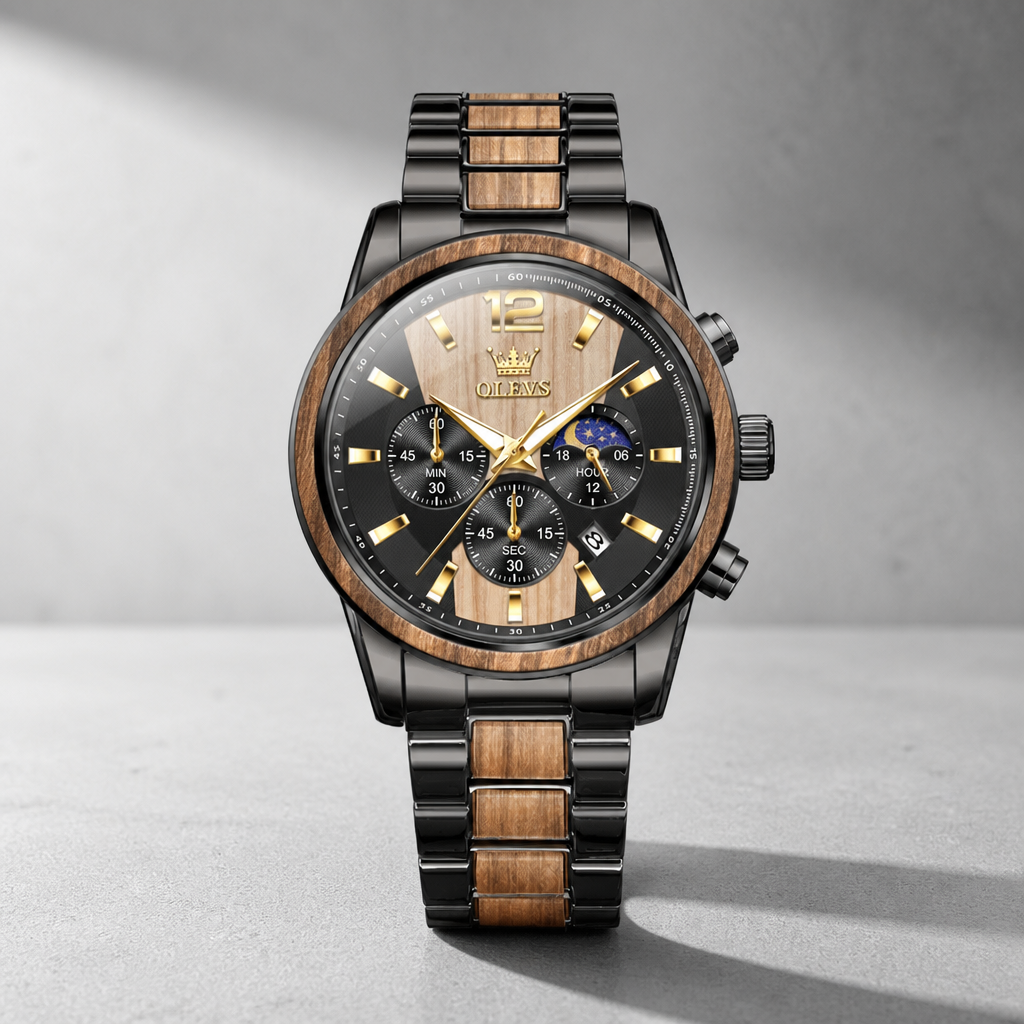 Montre bicolore homme chronographe, acier noir et bois zébrano clair