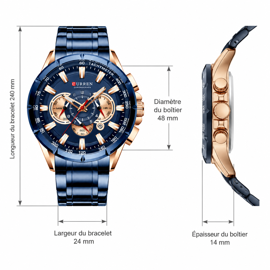 Schéma coté de la montre bracelet acier homme : diamètre et épaisseur du boîtier, largeur et longueur du bracelet