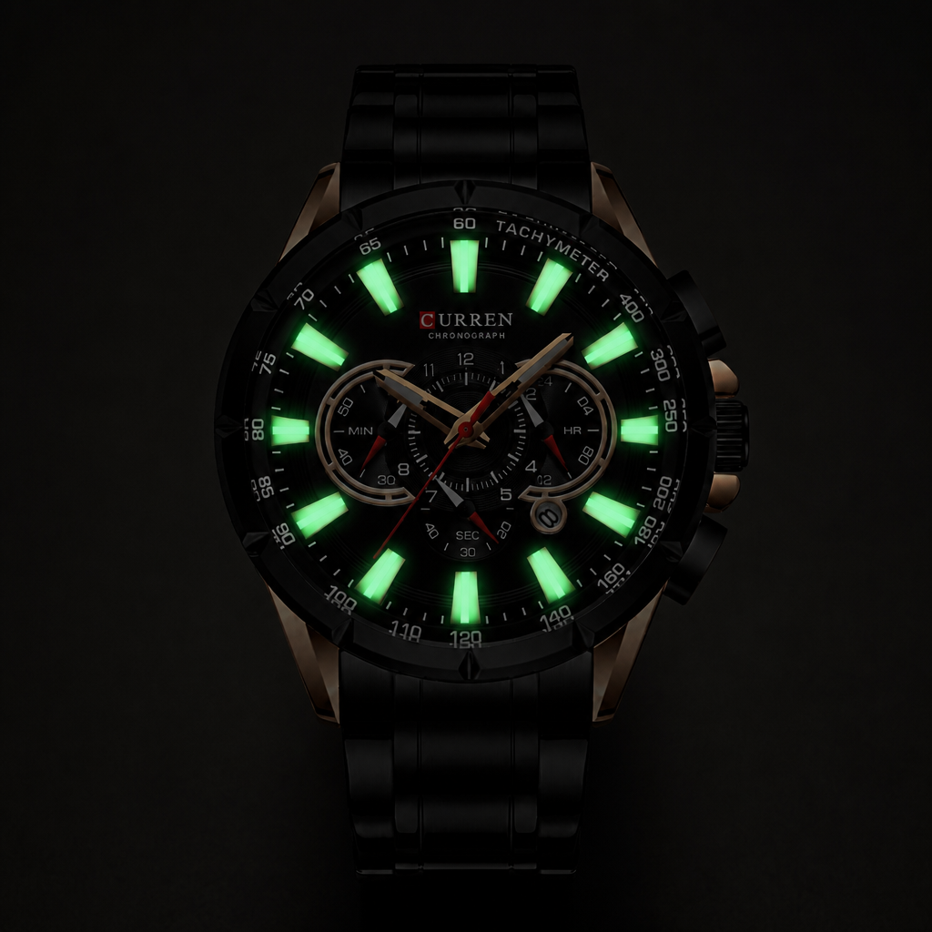 Montre bracelet acier homme dans le noir : index appliqués lumineux en vert, aiguilles non luminescentes