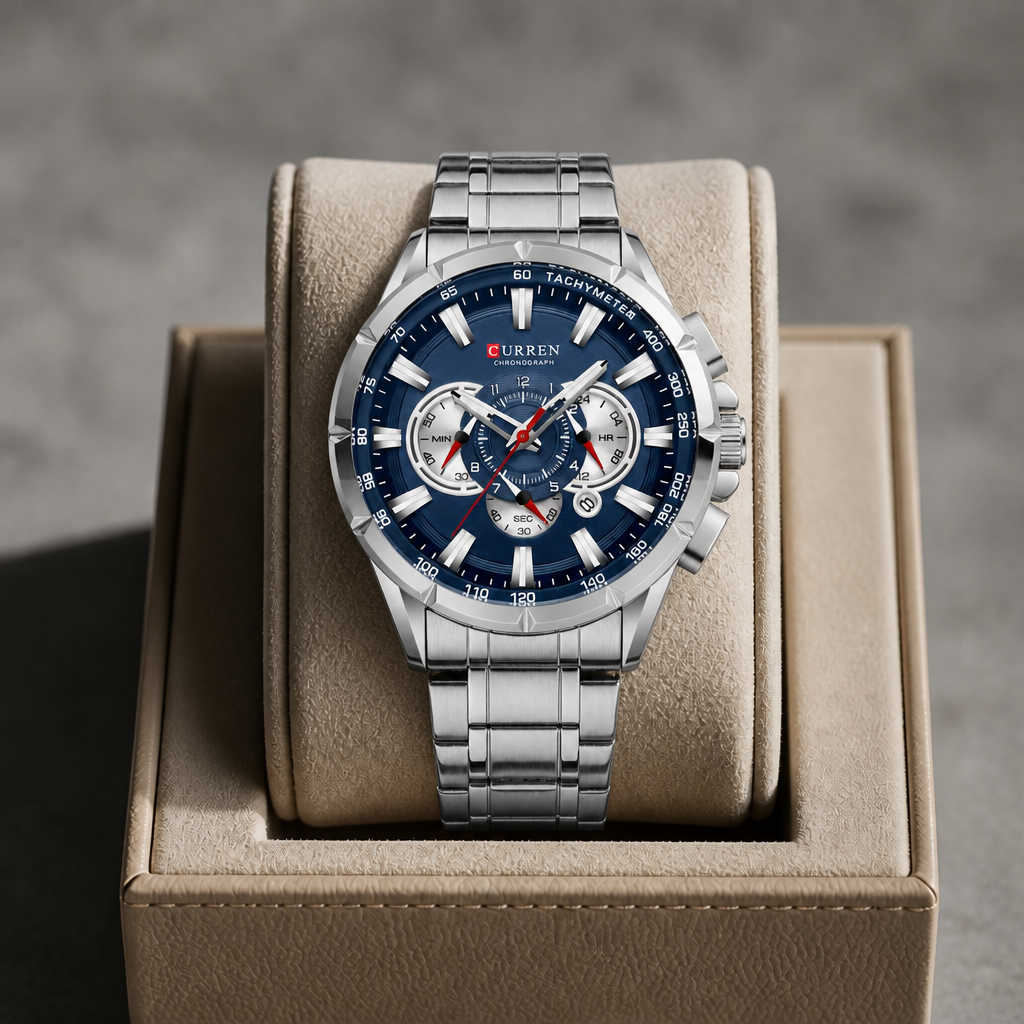 Montre bracelet acier homme acier et cadran bleu posée dans son écrin en cuir beige