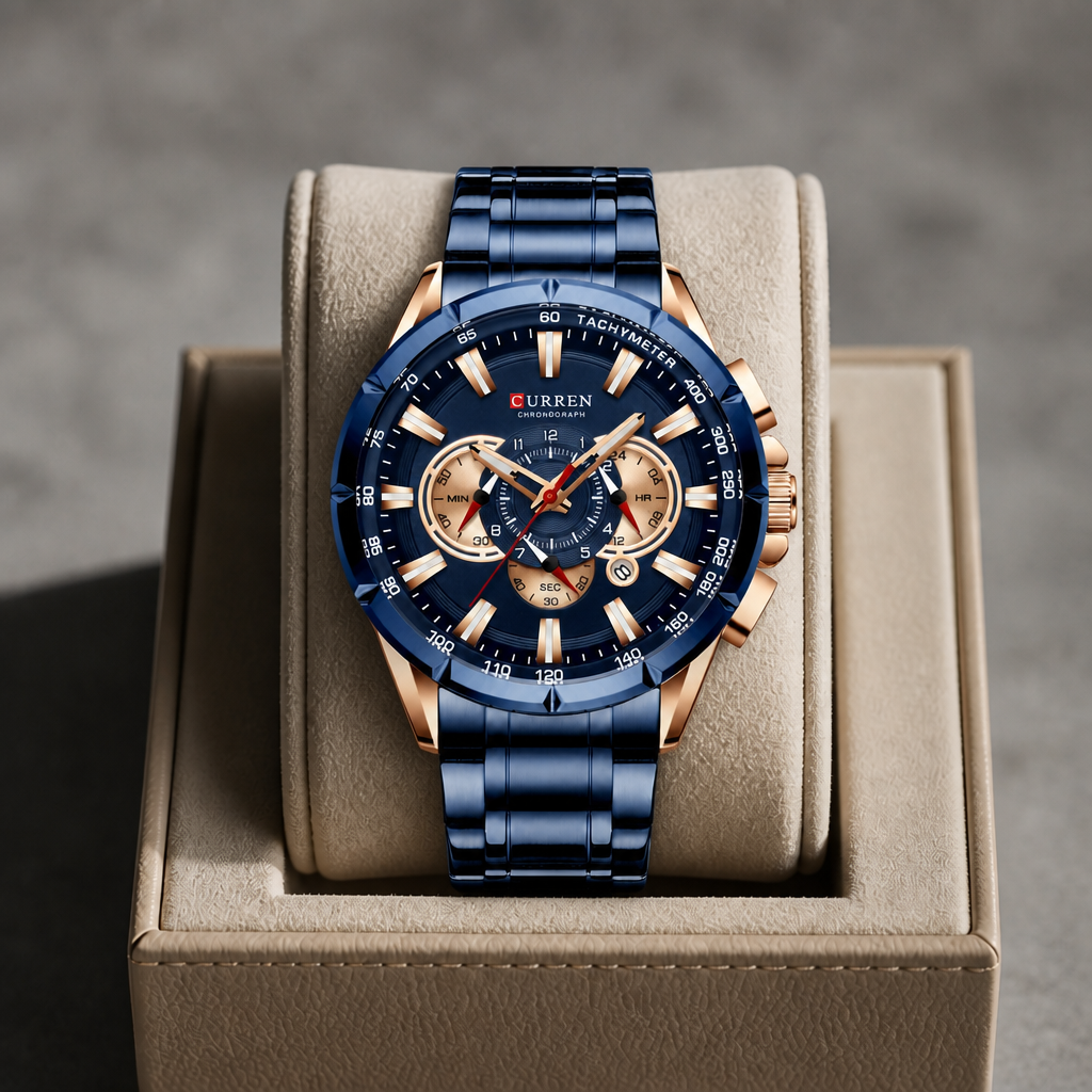 Montre bracelet acier homme bleue et or rose posée dans son écrin en cuir beige