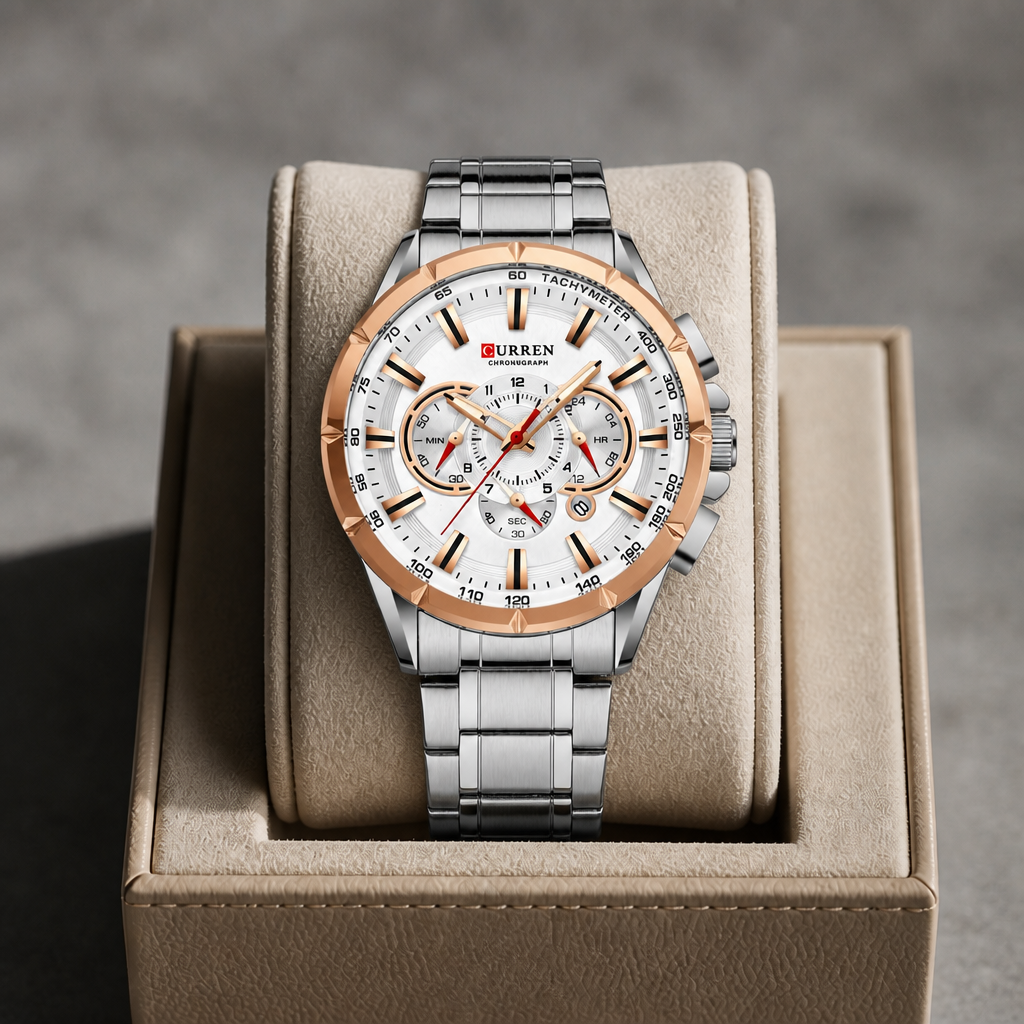 Montre bracelet acier homme cadran blanc et lunette or rose posée dans son écrin en cuir beige
