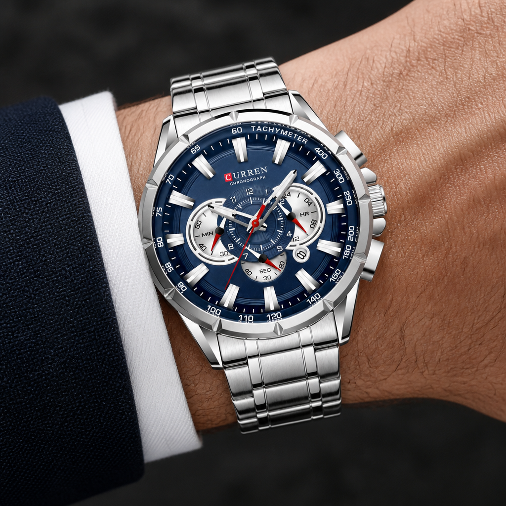 Montre bracelet acier homme chronographe acier et cadran bleu portée au poignet
