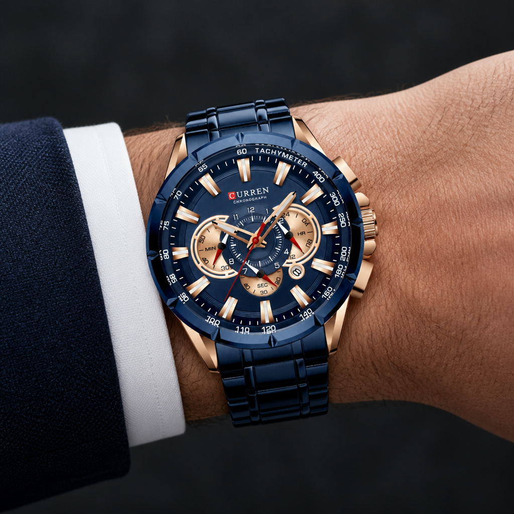 Montre bracelet acier homme chronographe bleue et or rose portée au poignet sous une manchette de chemise