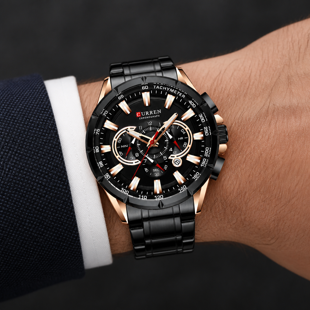 Montre bracelet acier homme chronographe noire et or rose portée au poignet