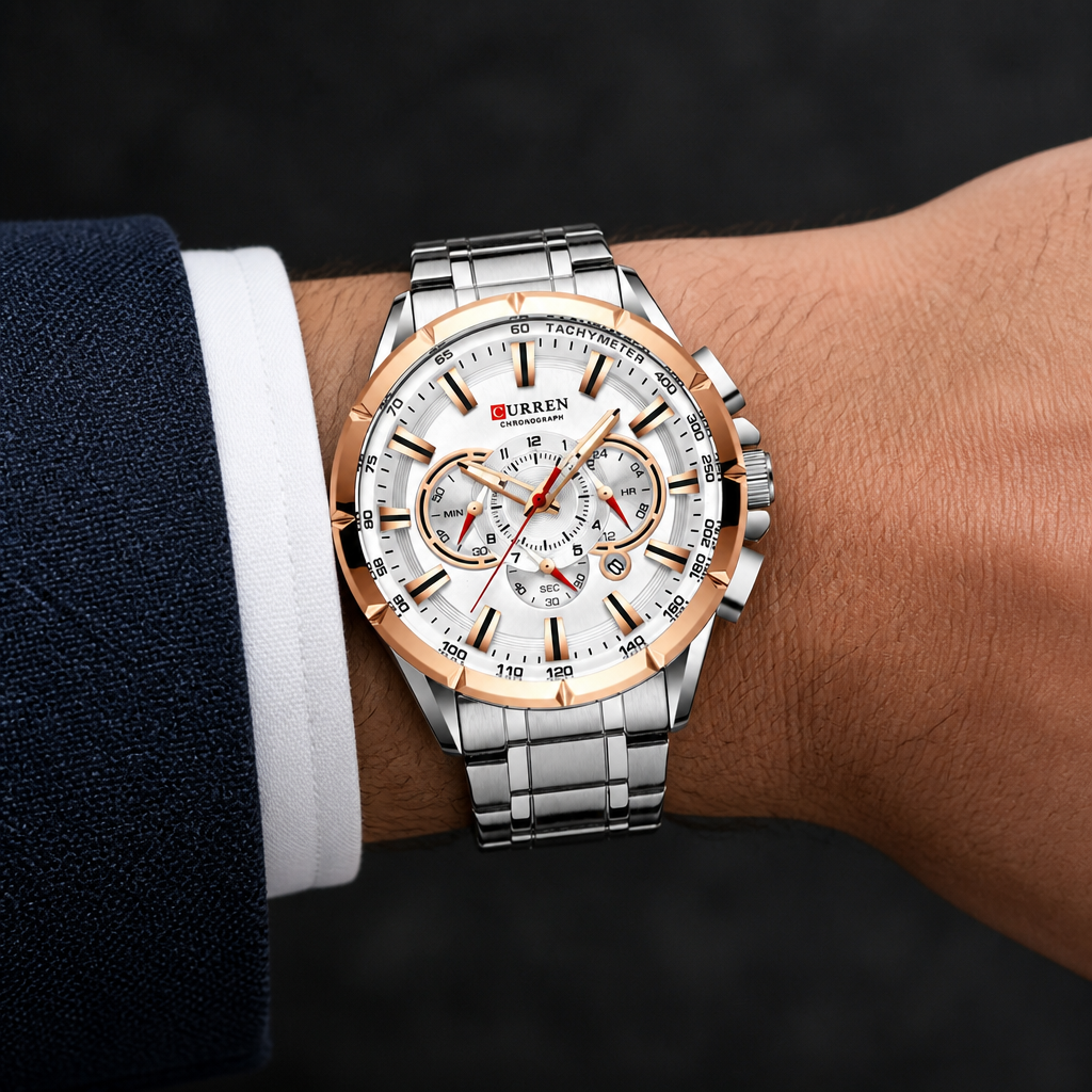 Montre bracelet acier homme chronographe cadran blanc et lunette or rose portée au poignet