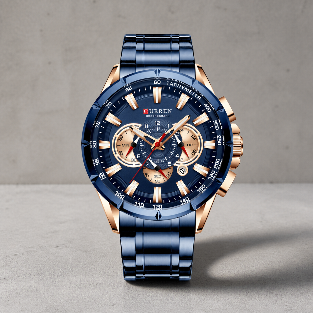 Montre bracelet acier homme chronographe bleue et or rose sur dalle de béton