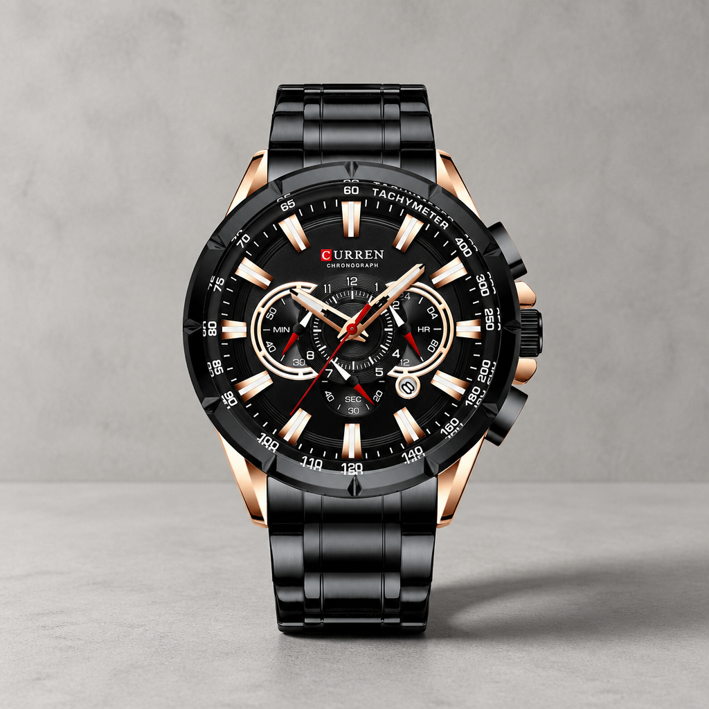 Montre bracelet acier homme chronographe noire et or rose sur dalle de béton
