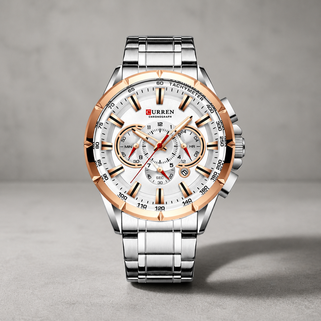 Montre bracelet acier homme chronographe cadran blanc et lunette or rose sur dalle de béton