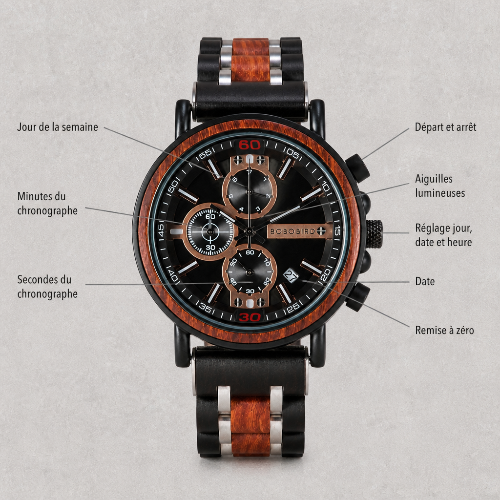 Schéma des trois compteurs, des poussoirs et de la couronne du chronographe