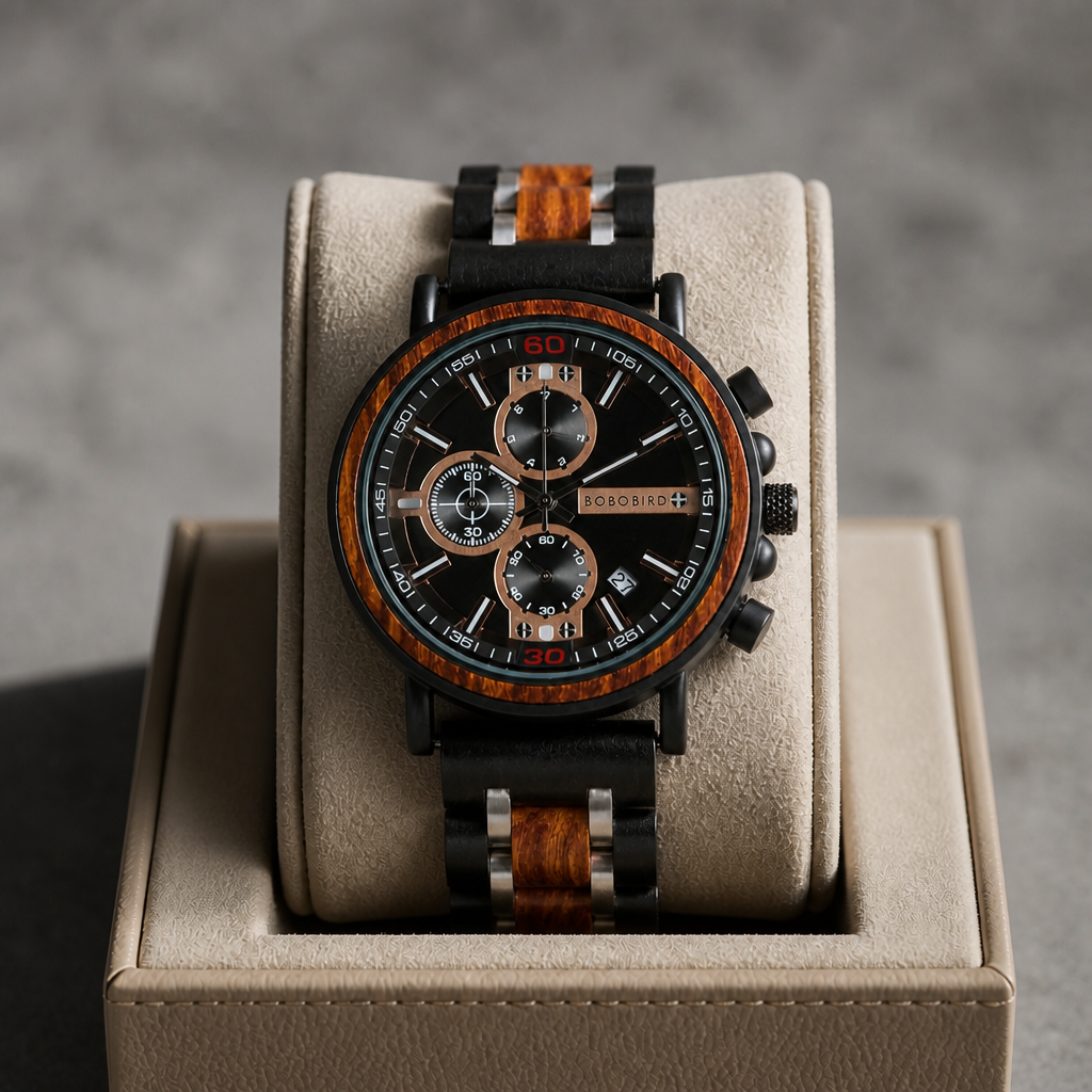 Montre bracelet bois homme noir et bois posée dans son écrin en cuir beige