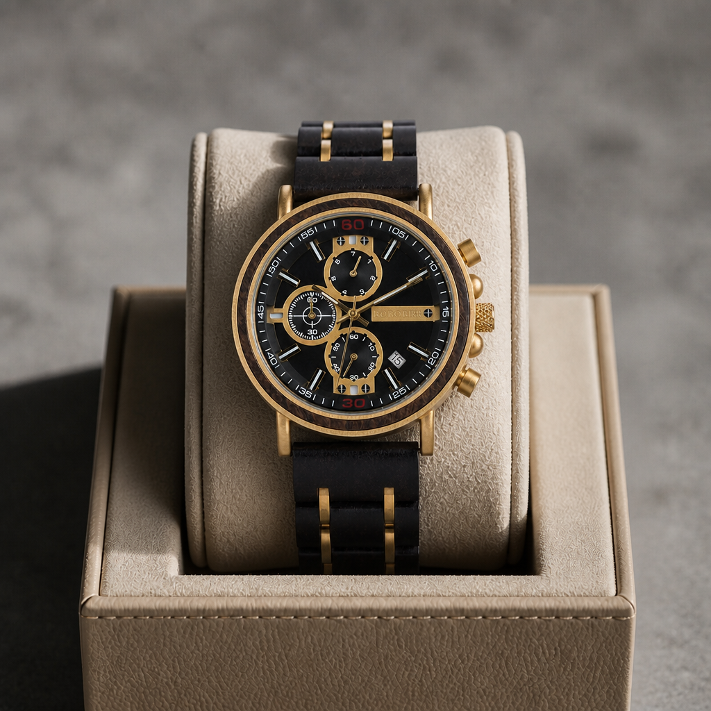 Montre bracelet bois homme noir et or posée dans son écrin en cuir beige