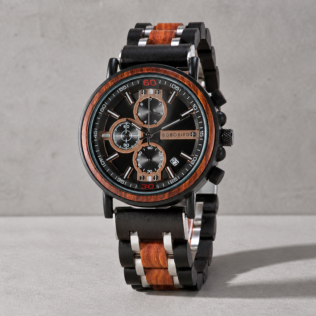 Montre bracelet bois homme chronographe, finition noir et bois sur fond béton