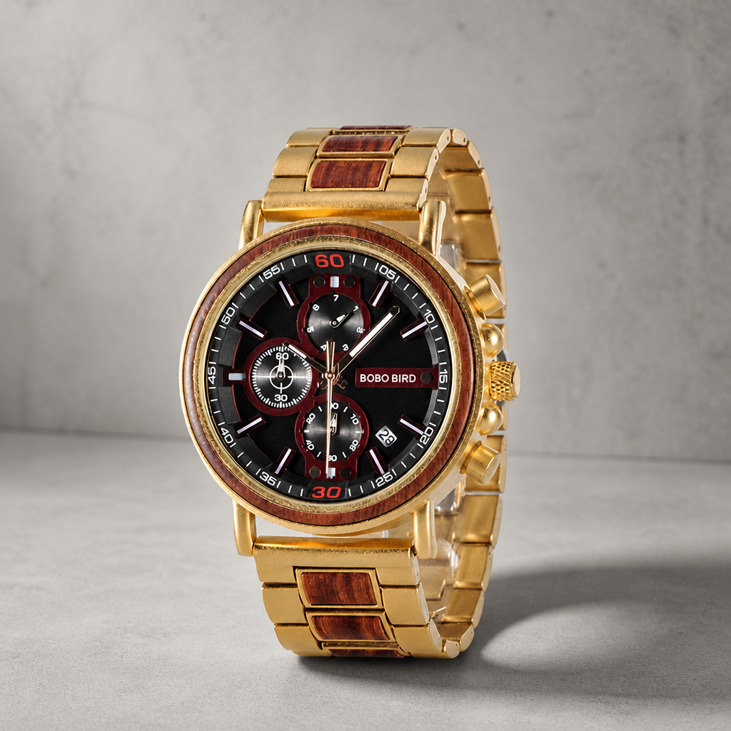 Montre bracelet bois homme chronographe or et bois de santal sur fond béton
