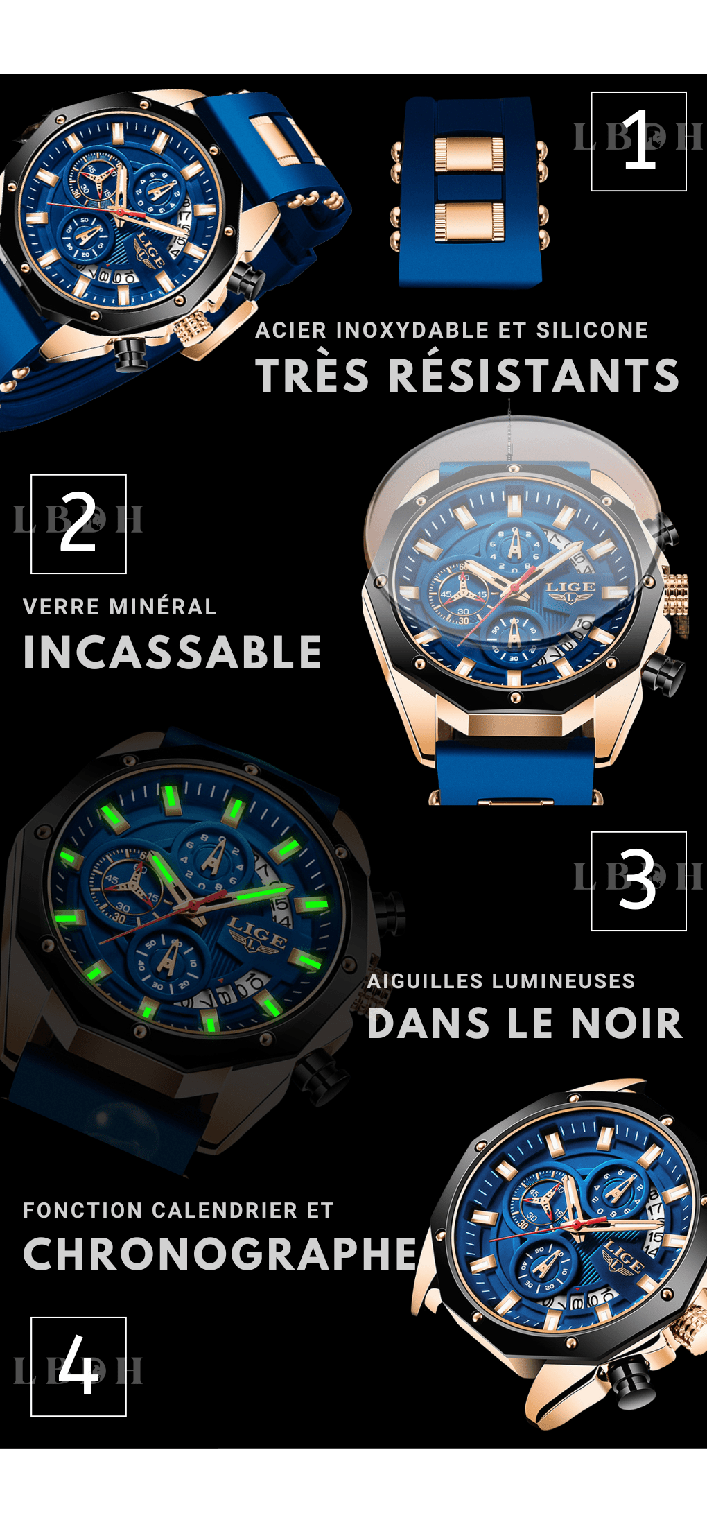 Planche des atouts de la montre : acier et silicone, verre minéral, aiguilles lumineuses dans le noir, chronographe et calendrier