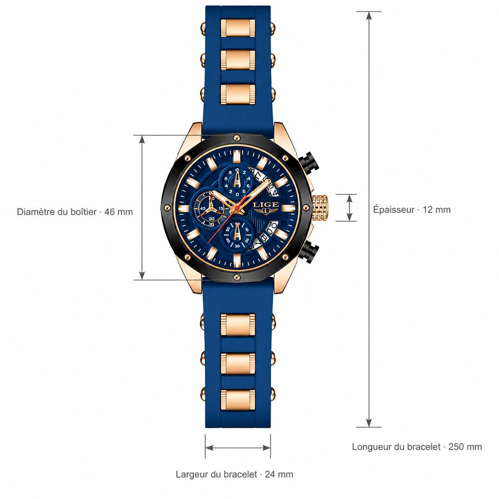 Schéma coté de la montre bracelet silicone homme : diamètre et épaisseur du boîtier, largeur et longueur du bracelet