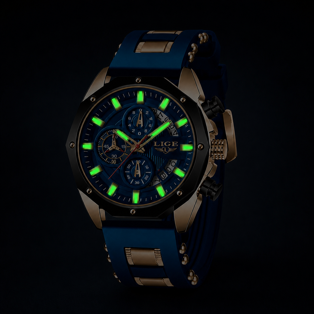 Montre bracelet silicone homme dans le noir : index et aiguilles des heures et des minutes lumineux