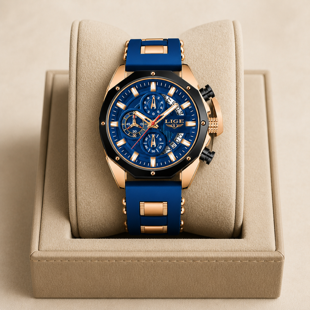 Montre bracelet silicone homme bleue posée dans son écrin en cuir beige