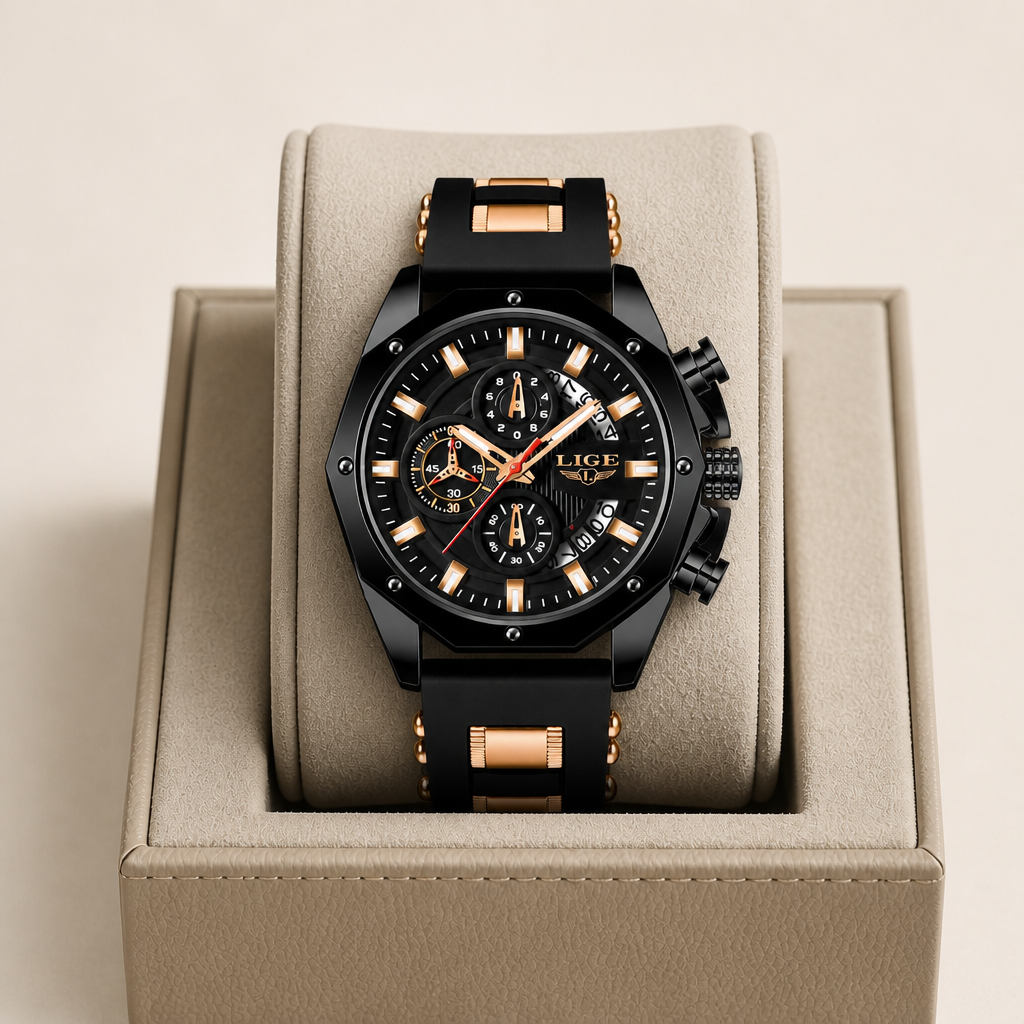 Montre bracelet silicone homme noire et or rose posée dans son écrin en cuir beige