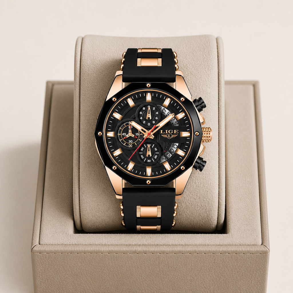 Montre bracelet silicone homme or rose et noir posée dans son écrin en cuir beige