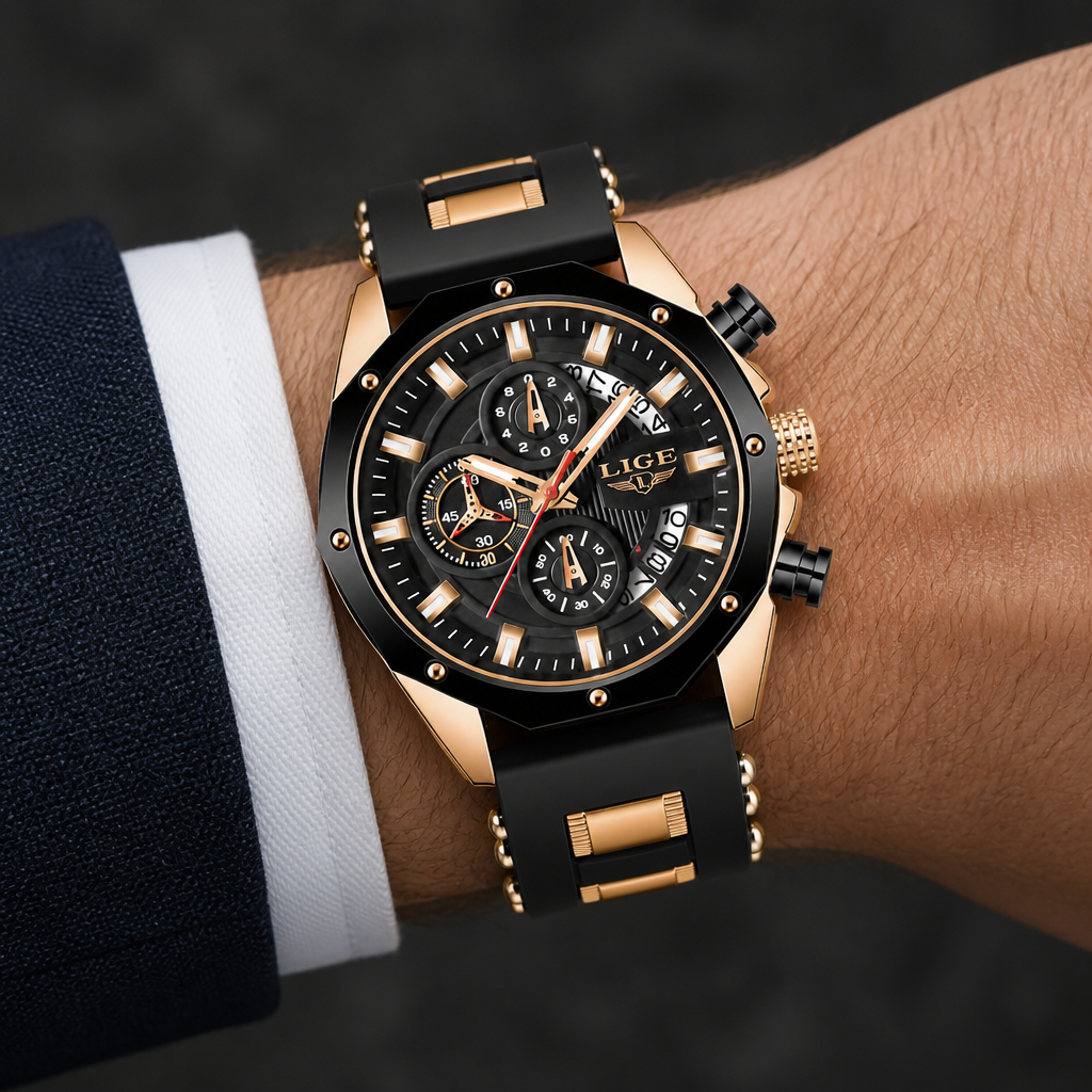 Montre bracelet silicone homme chronographe or rose et noir portée au poignet