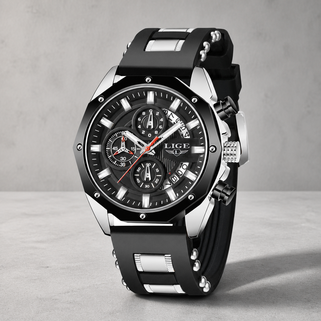 Montre bracelet silicone homme chronographe acier et noir sur dalle de béton