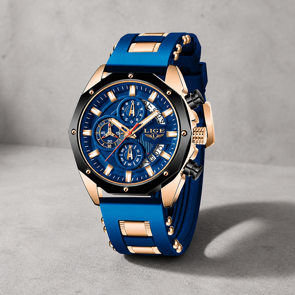 Montre bracelet silicone homme chronographe bleue sur dalle de béton