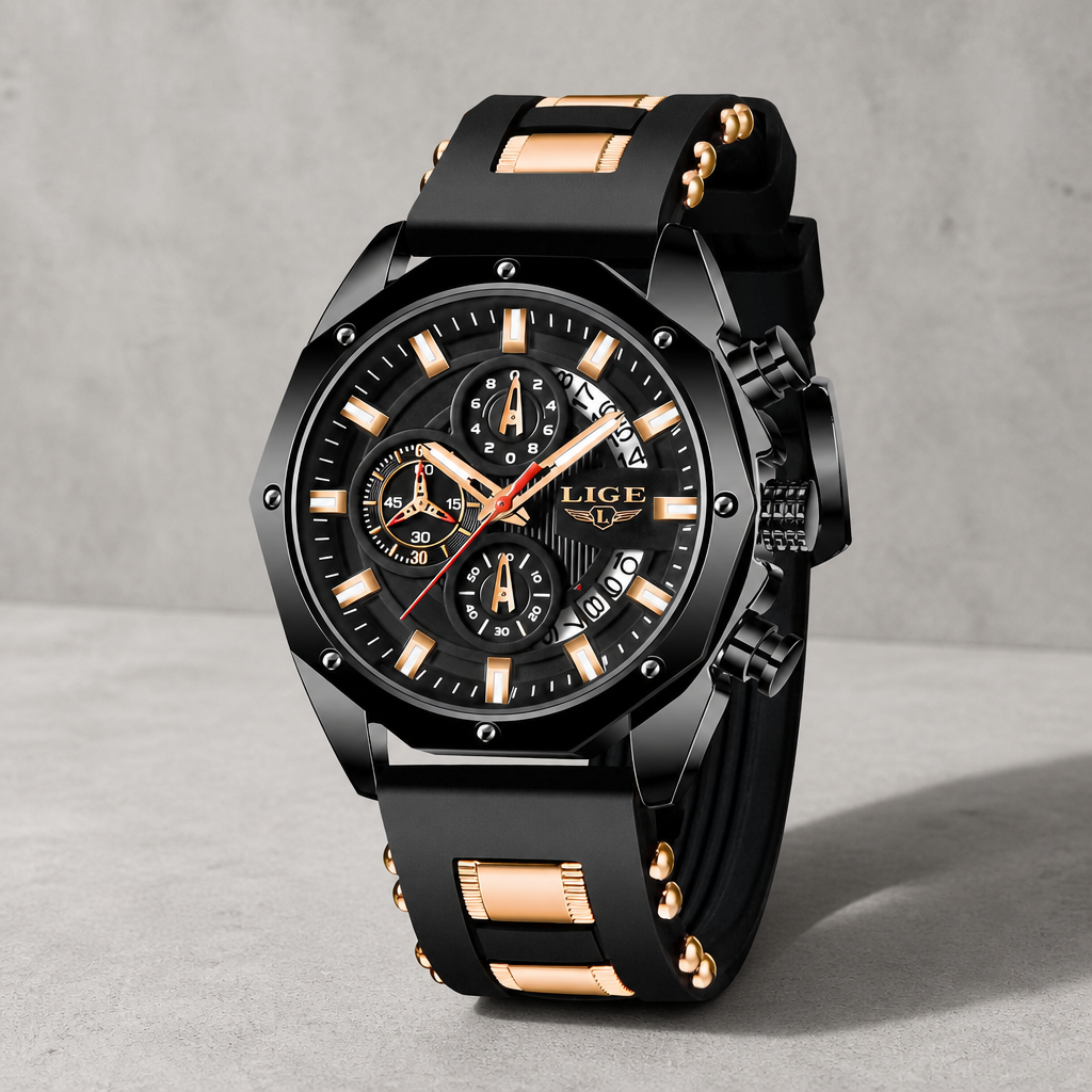 Montre bracelet silicone homme chronographe noire et or rose sur dalle de béton