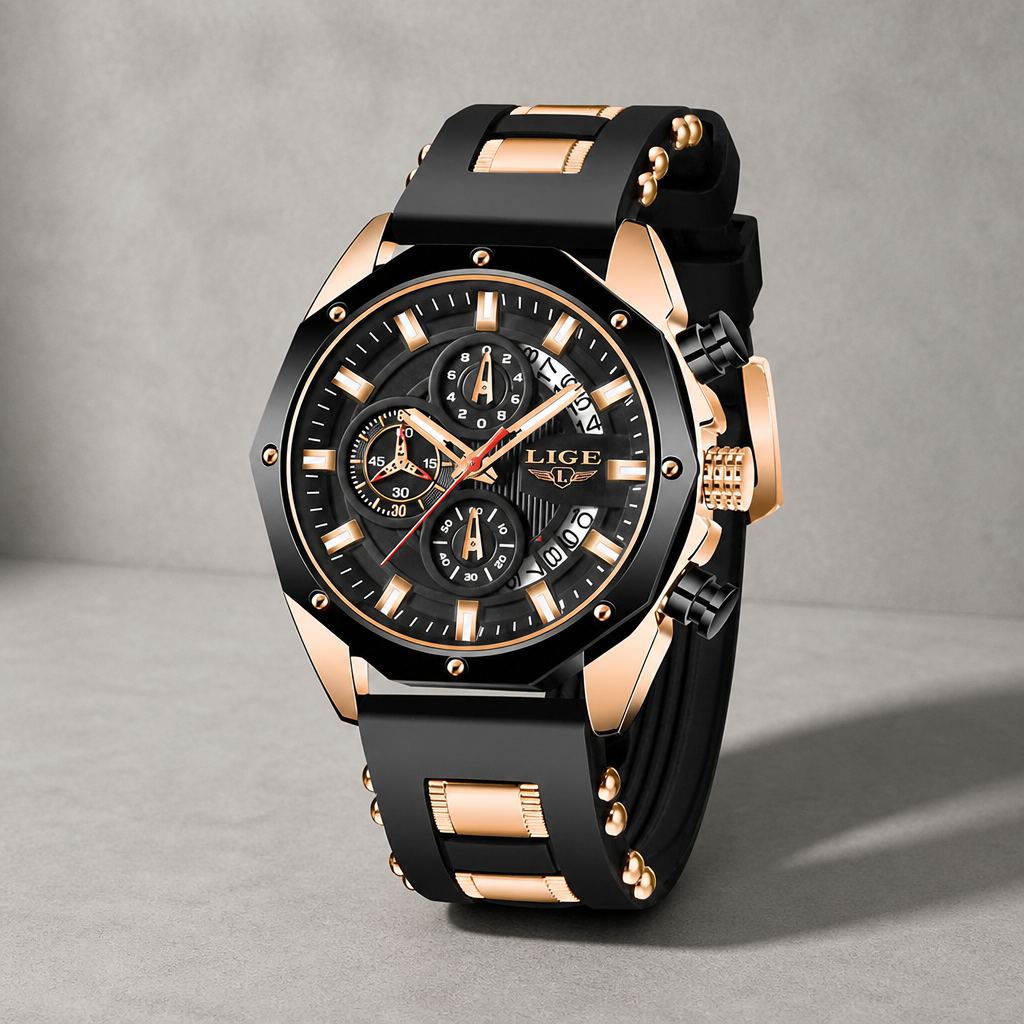 Montre bracelet silicone homme chronographe or rose et noir sur dalle de béton