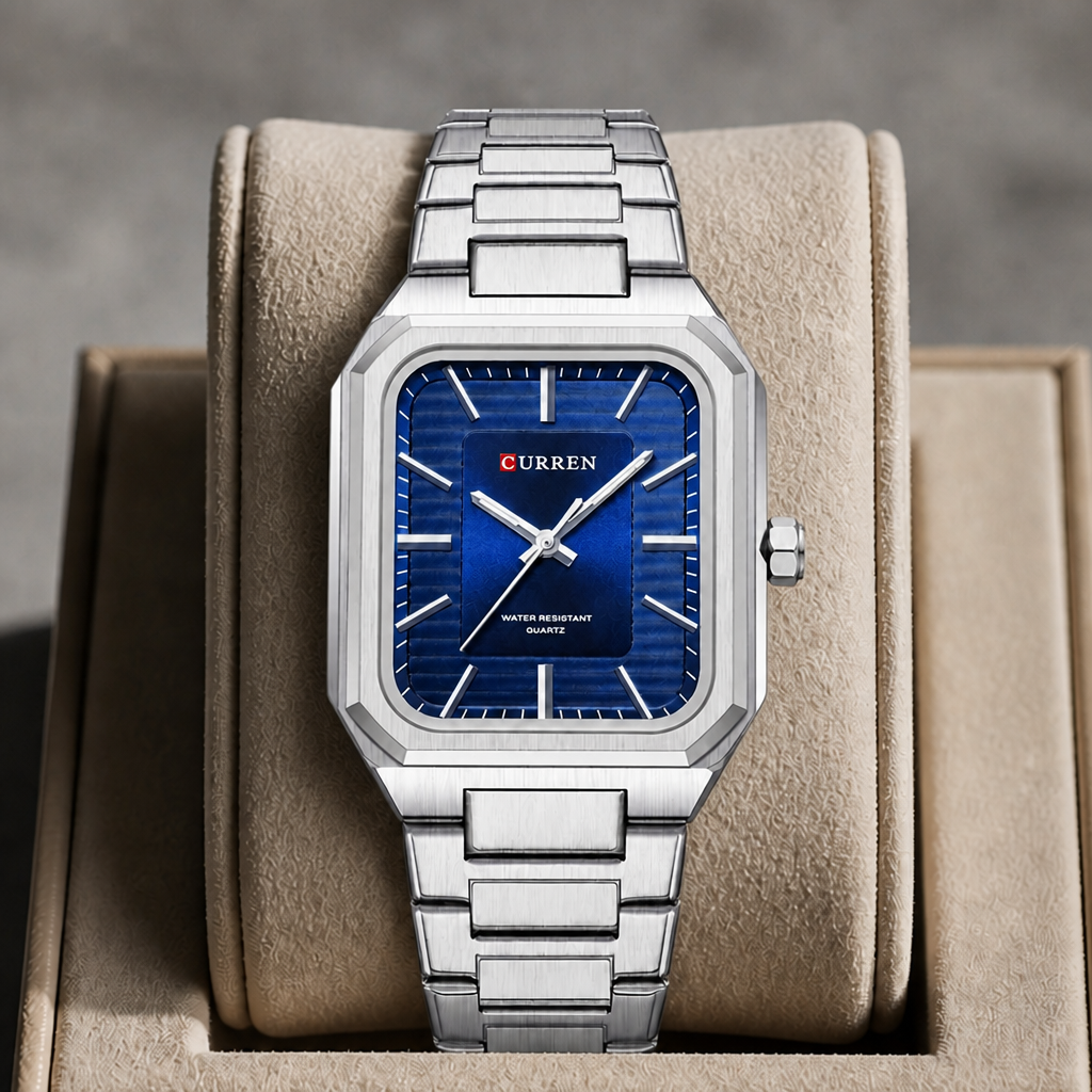 Montre cadran carré homme à cadran bleu posée dans un écrin en cuir beige