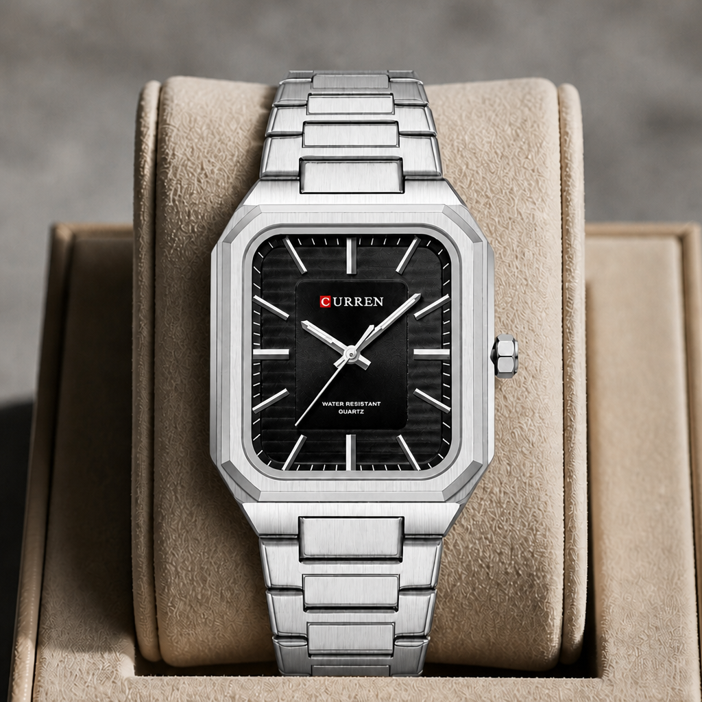 Montre cadran carré homme à cadran noir posée dans un écrin en cuir beige