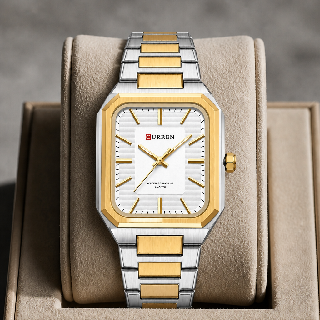 Montre cadran carré homme à cadran blanc posée dans un écrin en cuir beige