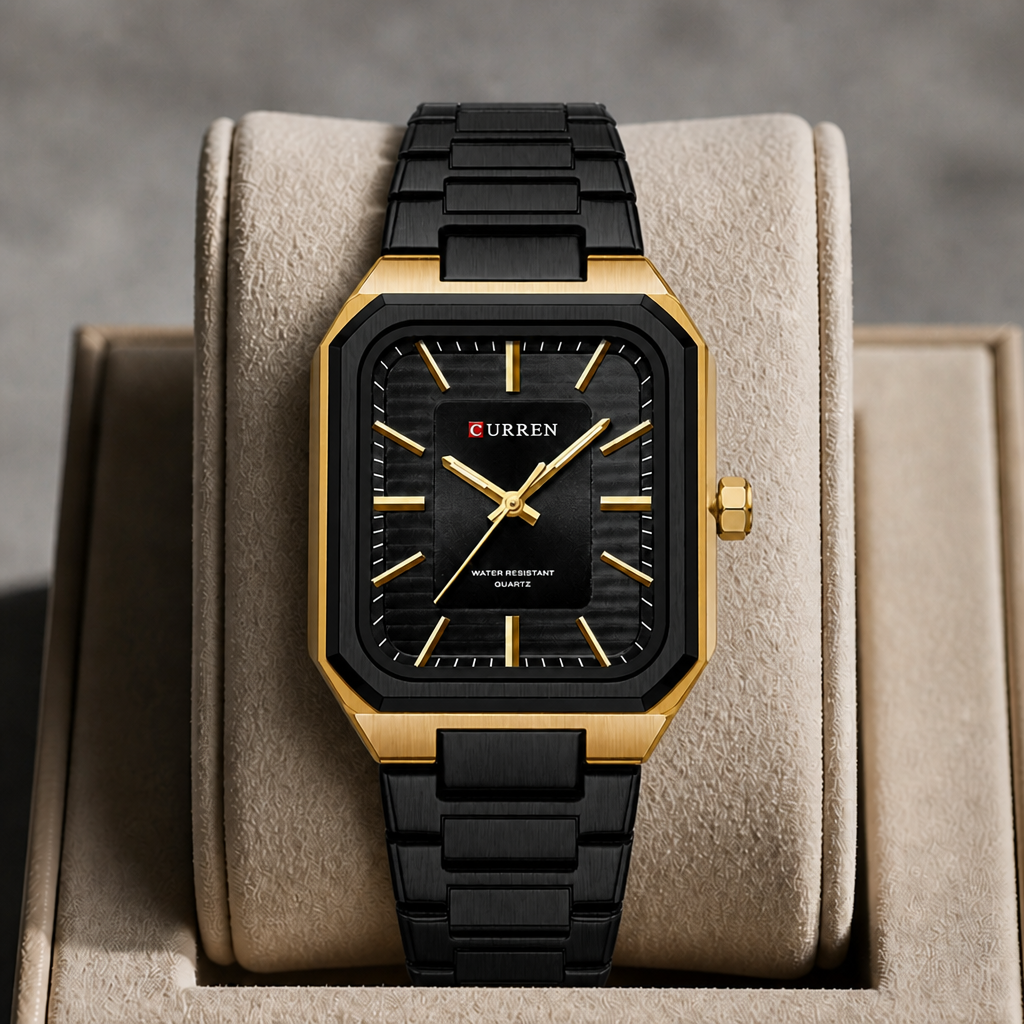 Montre cadran carré homme noire et dorée posée dans un écrin en cuir beige