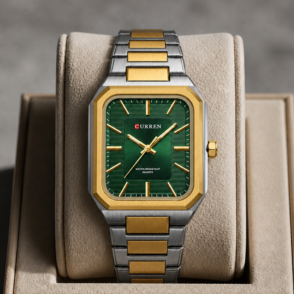 Montre cadran carré homme à cadran vert posée dans un écrin en cuir beige