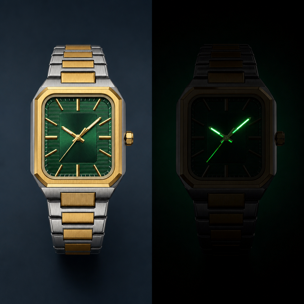 Montre cadran carré homme de jour et de nuit, aiguilles luminescentes vertes