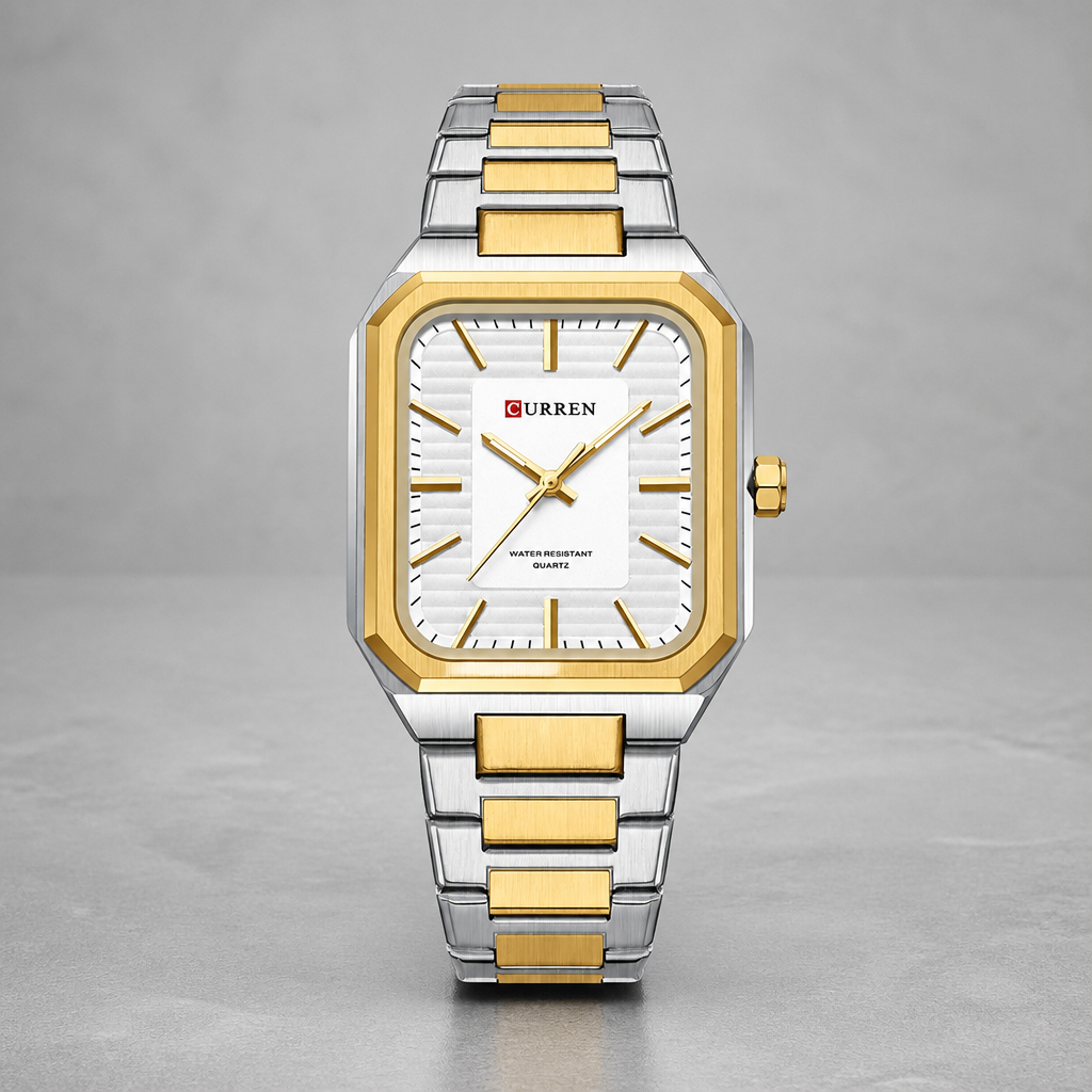 Montre cadran carré homme à cadran blanc et lunette dorée sur béton clair