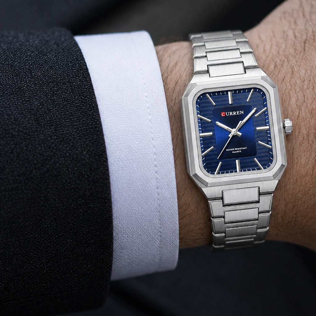 Montre cadran carré homme portée au poignet, cadran bleu et bracelet acier