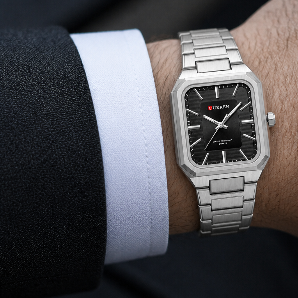 Montre cadran carré homme portée au poignet, cadran noir et bracelet acier