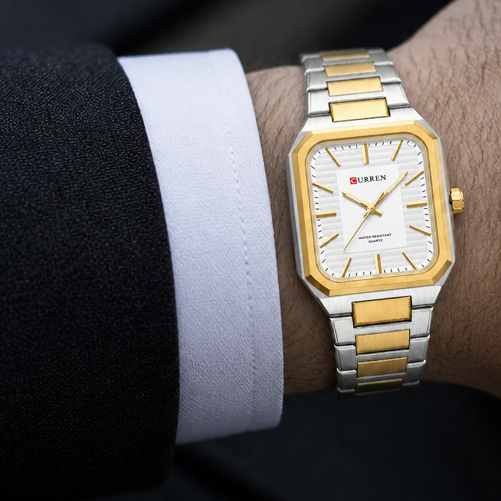 Montre cadran carré homme portée au poignet, cadran blanc et bracelet acier et doré