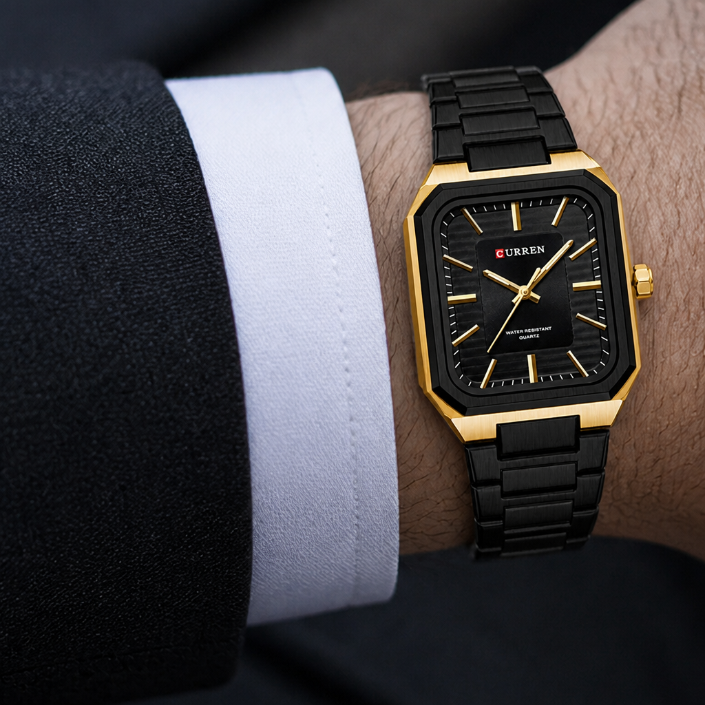 Montre cadran carré homme portée au poignet, boîtier noir et lunette dorée