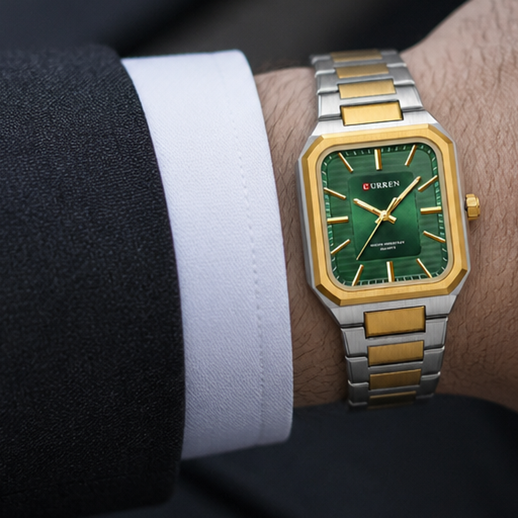 Montre cadran carré homme portée au poignet, cadran vert et bracelet acier et doré