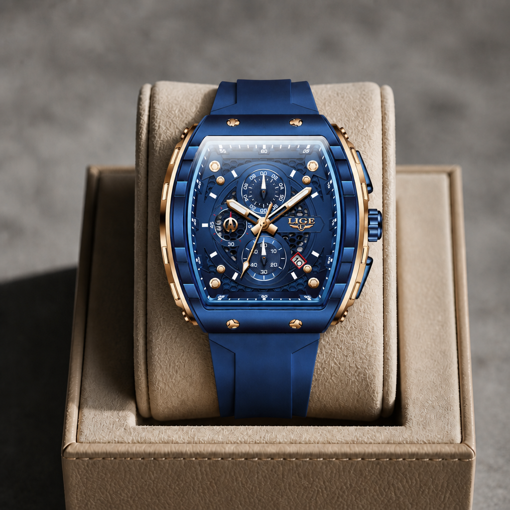 Montre tonneau bleue et or rose posée dans un écrin en cuir beige