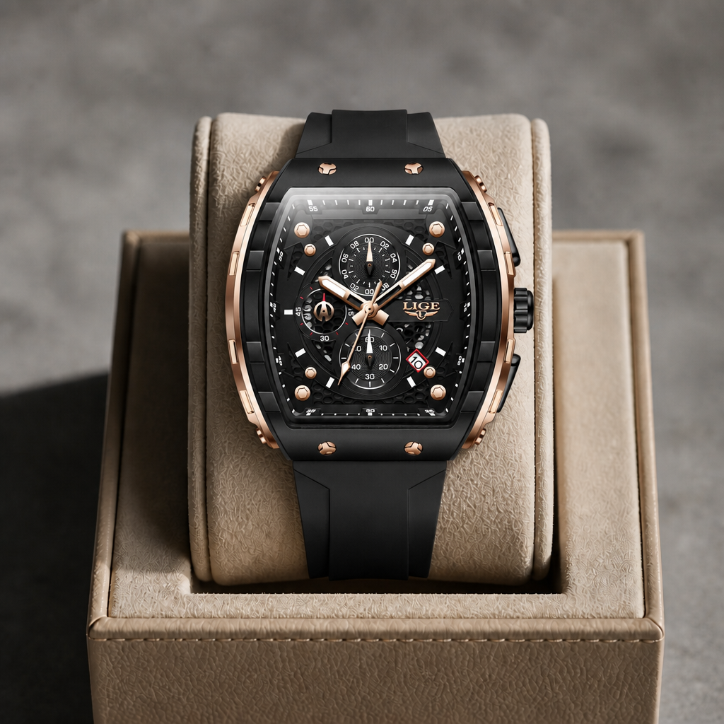 Montre tonneau noire et or rose présentée dans un écrin en cuir beige