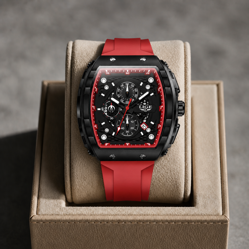Montre tonneau noire et rouge présentée dans un écrin en cuir beige