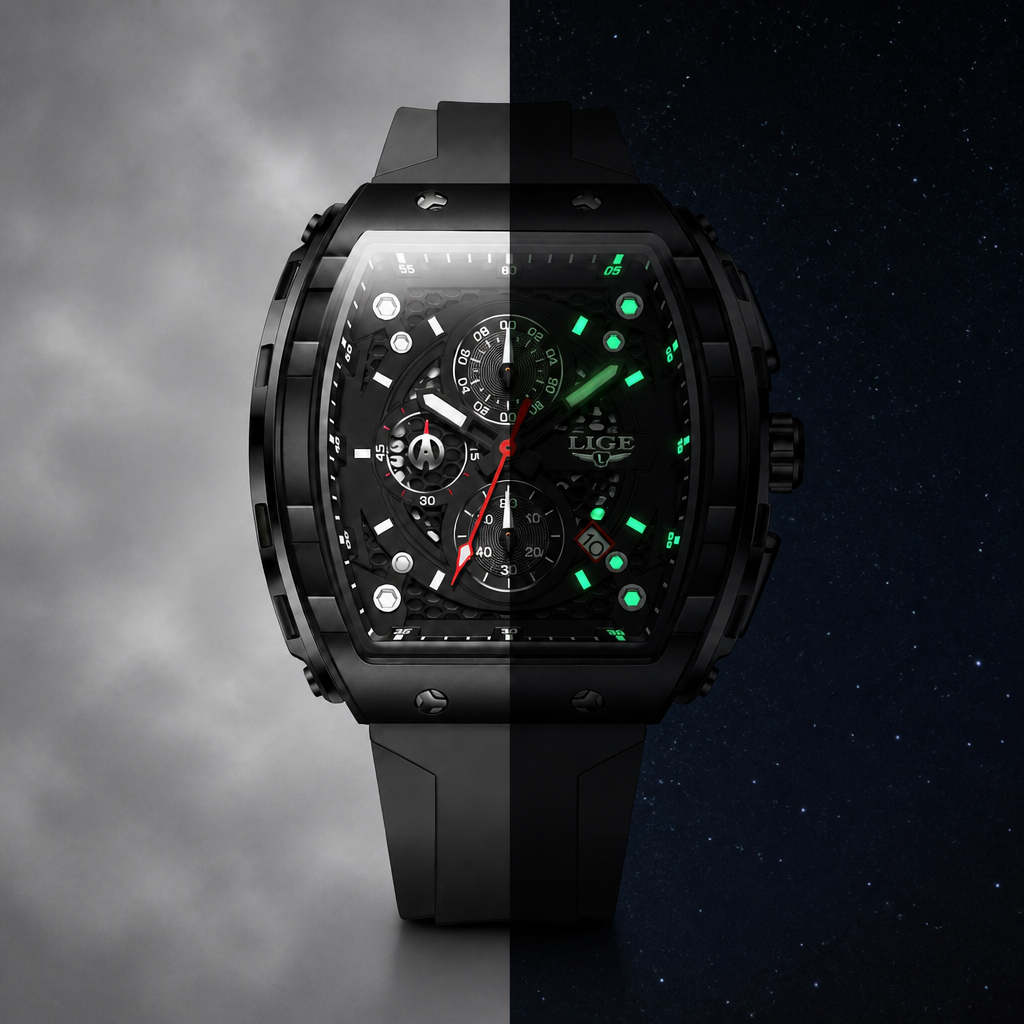 Index et aiguilles luminescents de la montre tonneau vus de jour et dans l'obscurité