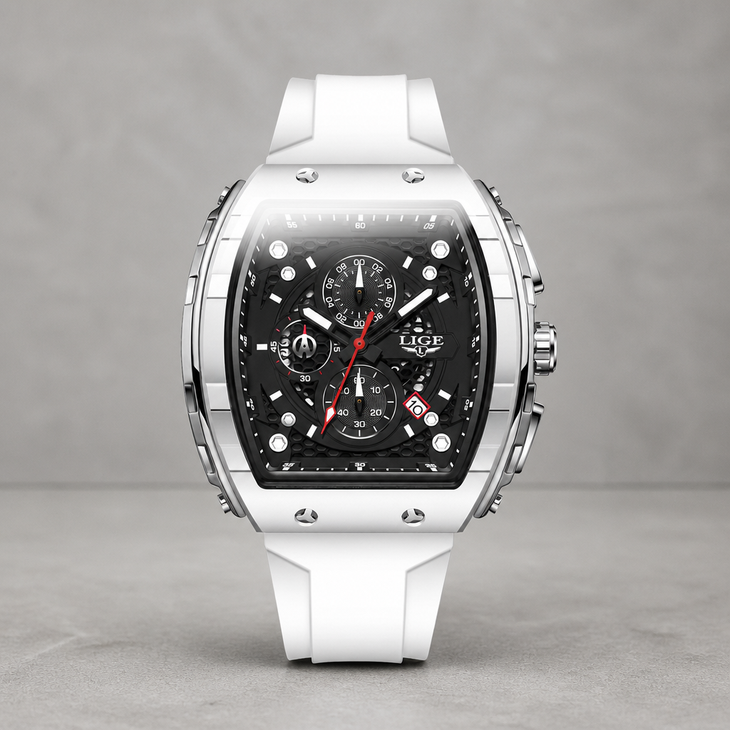 Montre tonneau chronographe argentée à cadran blanc sur fond de béton gris clair