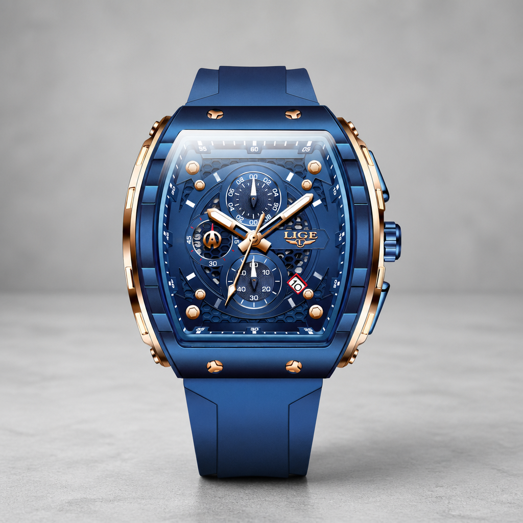 Montre tonneau chronographe à cadran bleu et finitions or rose sur fond de béton