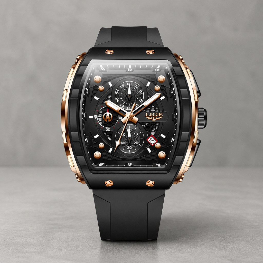 Montre tonneau chronographe noire à finitions or rose sur fond de béton gris clair