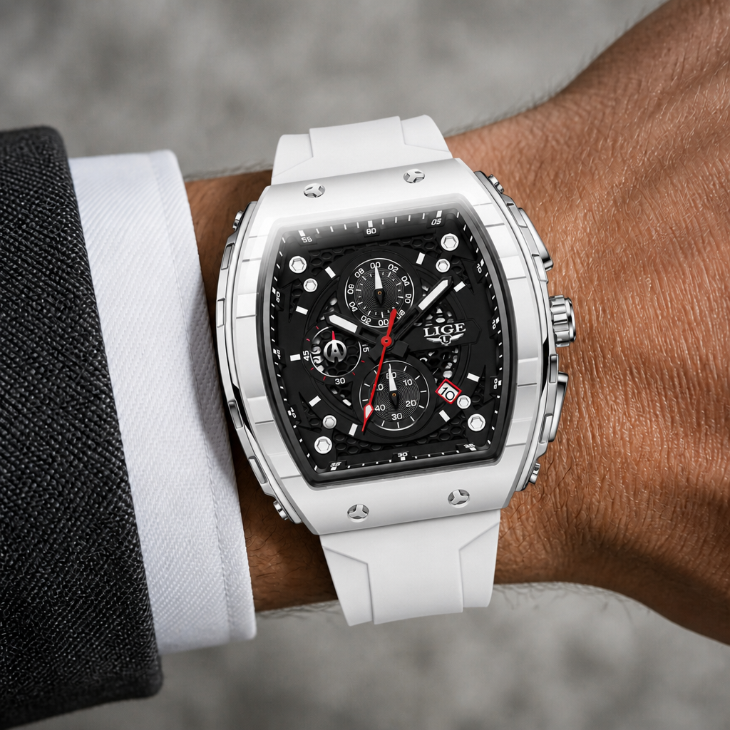Montre tonneau argentée à cadran blanc portée au poignet