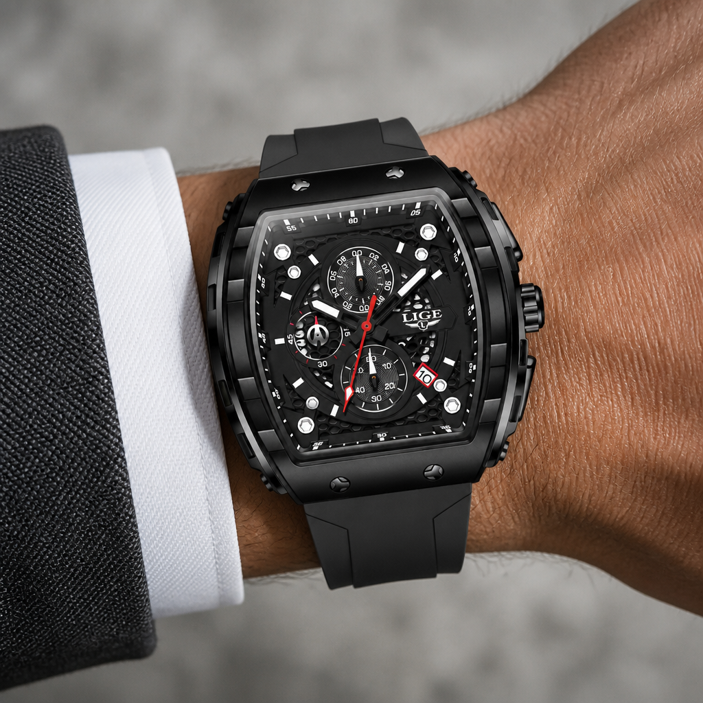 Montre cadran tonneau chronographe homme toute noire portée au poignet